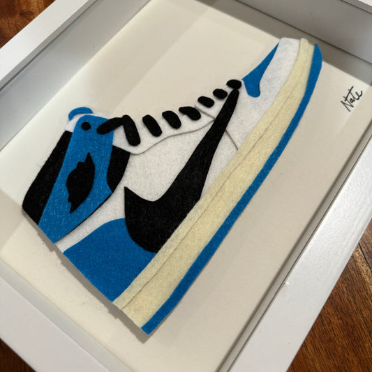 Handmade felt sneaker art in blue and black high-top colorway, framed