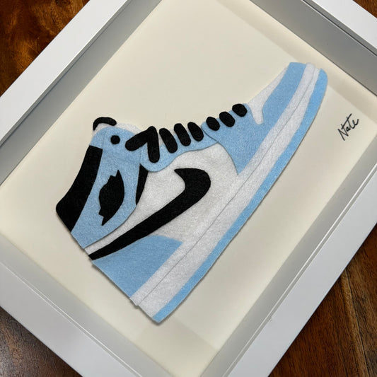 Handmade felt sneaker art in blue high-top colorway, framed