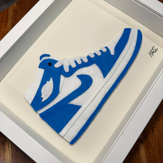 Handmade felt sneaker art in classic blue high-top colorway, framed