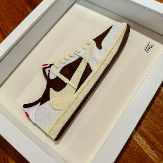 Handmade felt sneaker art in mocha low-top colorway, framed