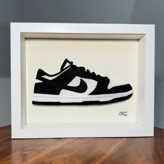 Handmade felt sneaker art in black and white low-top colorway, framed