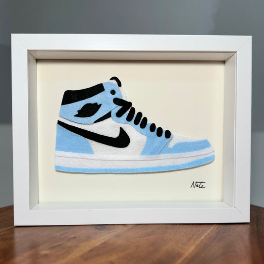 Handmade felt sneaker art in blue high-top colorway, framed