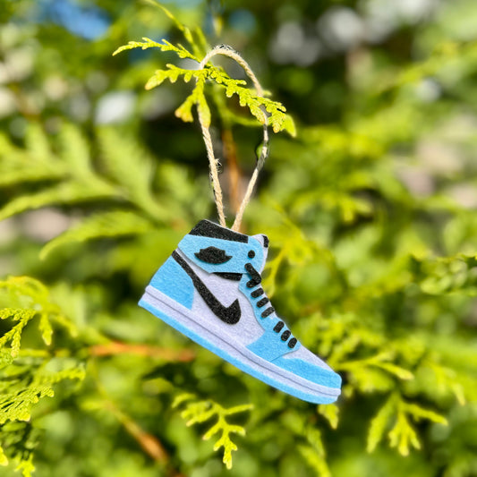 Handmade felt sneaker ornament in blue high-top colorway
