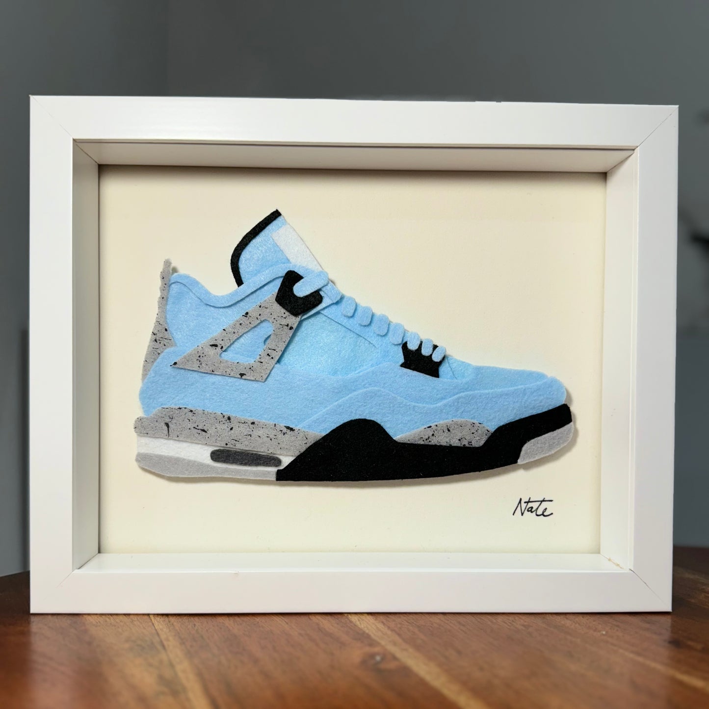 Handmade felt sneaker art in blue mid-top colorway, framed