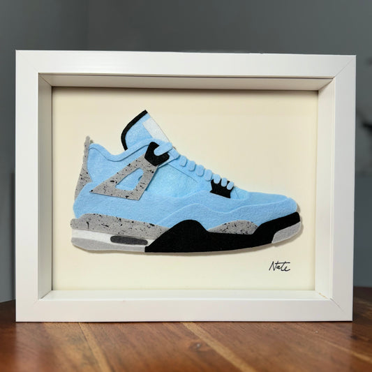 Handmade felt sneaker art in blue mid-top colorway, framed