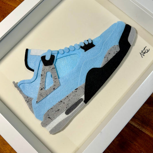 Handmade felt sneaker art in blue mid-top colorway, framed