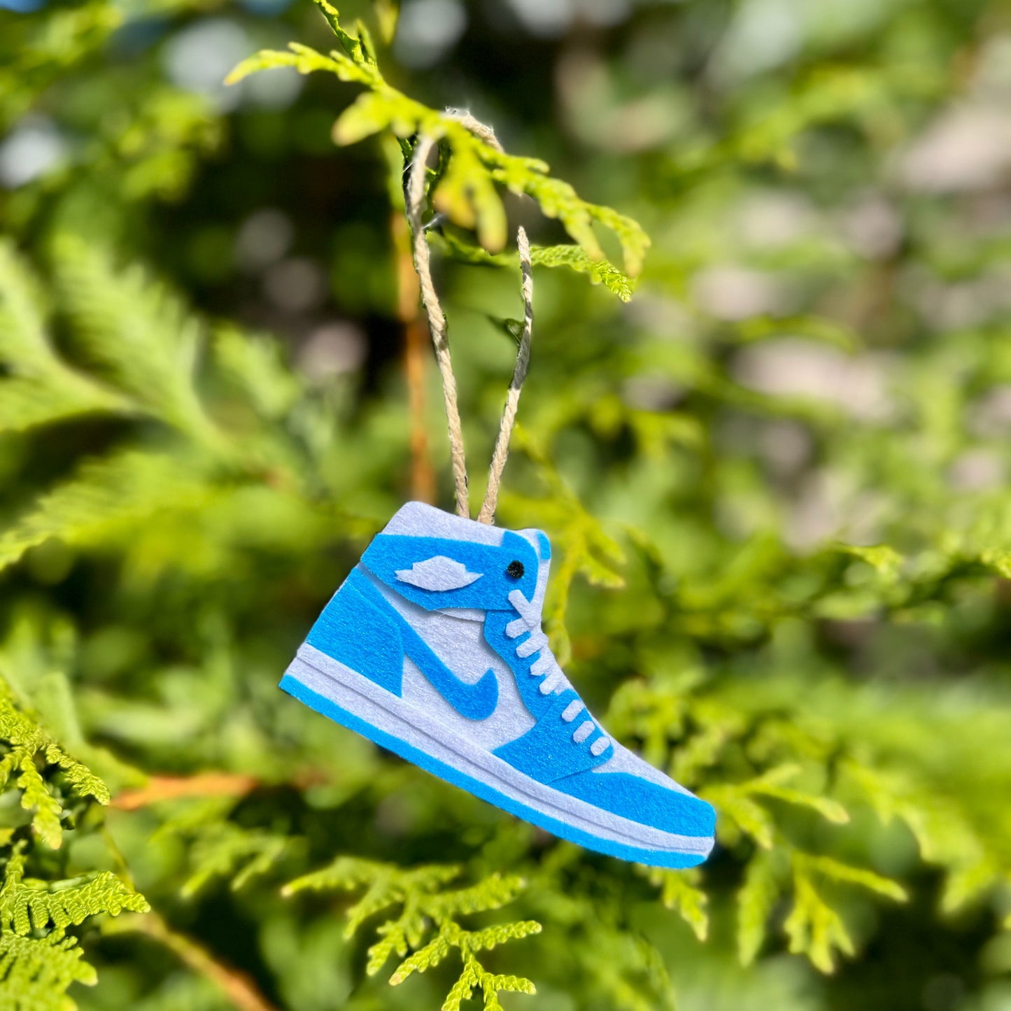 Handmade felt sneaker ornament in classic blue high-top colorway