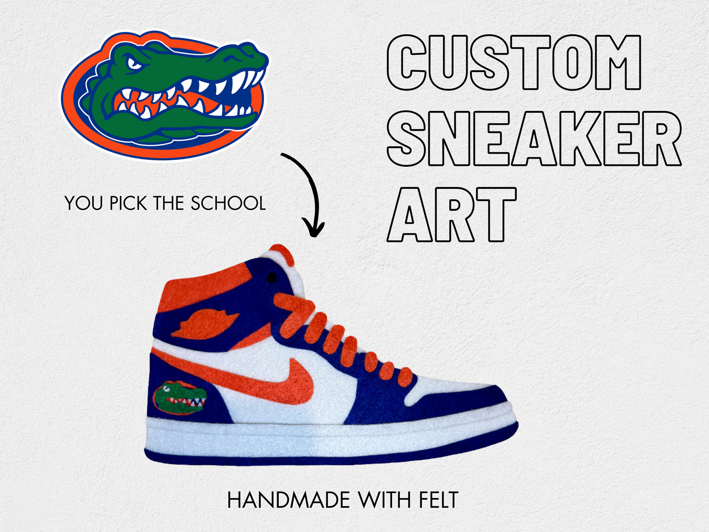 Custom handmade felt sneaker art in high-top silhouette, framed
