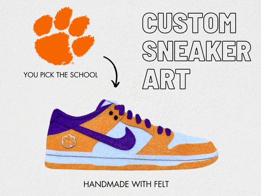 Custom handmade felt sneaker art in low-top silhouette, framed