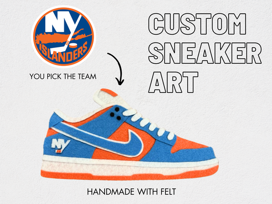 Custom handmade felt sneaker art in low-top silhouette, framed