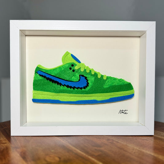 Handmade felt sneaker art with green bear faux fur accents, framed