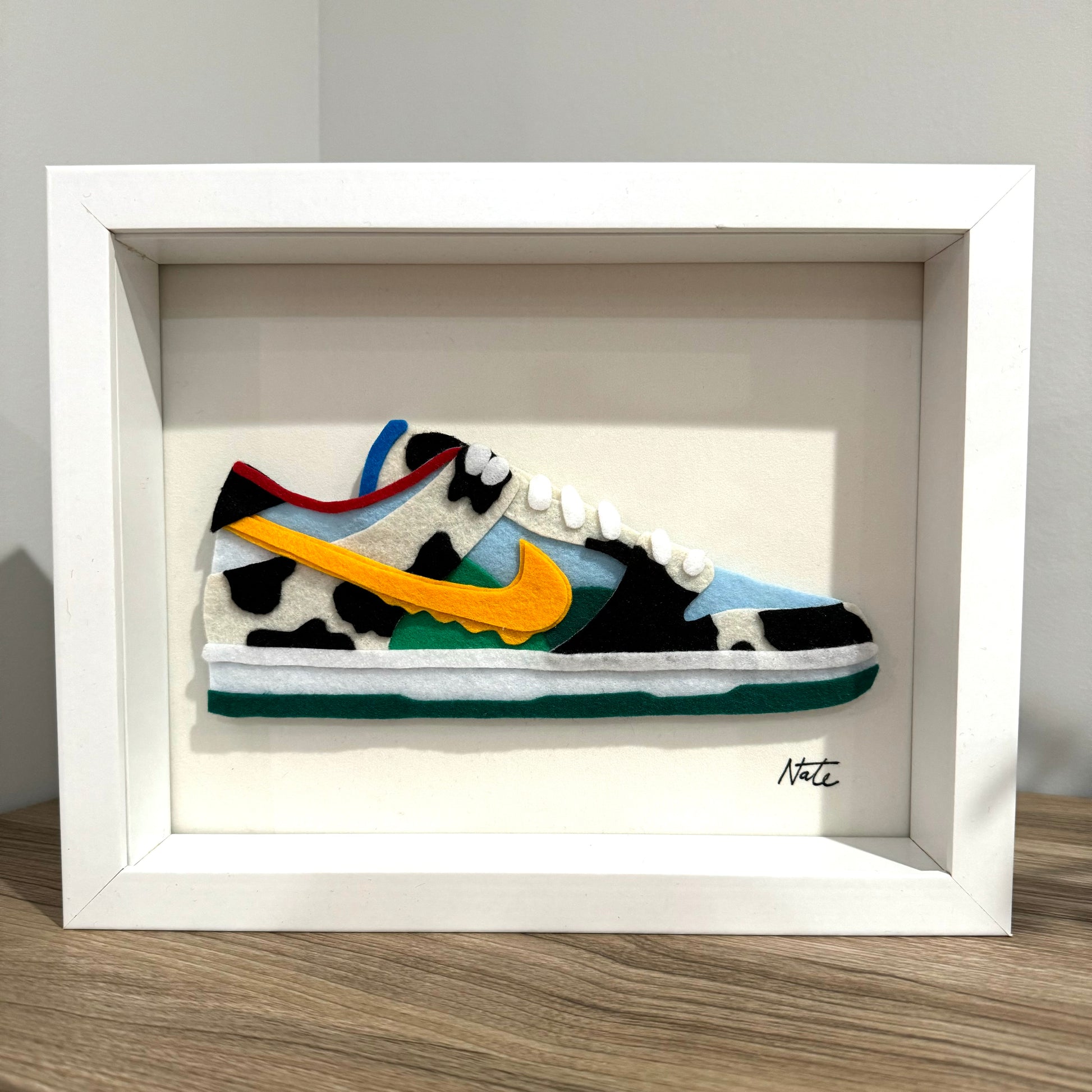 Handmade felt sneaker art in multicolor ice cream-inspired colorway, framed