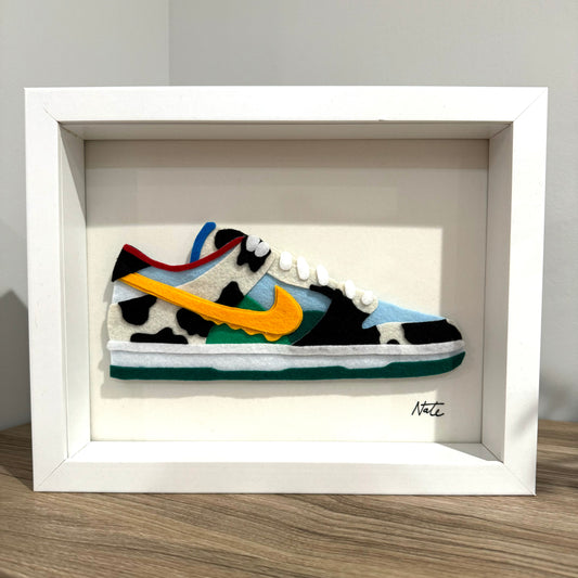 Handmade felt sneaker art in multicolor ice cream-inspired colorway, framed