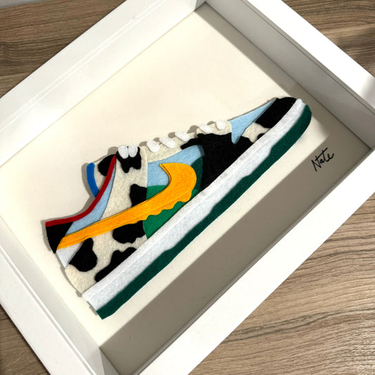 Handmade felt sneaker art in multicolor ice cream-inspired colorway, framed