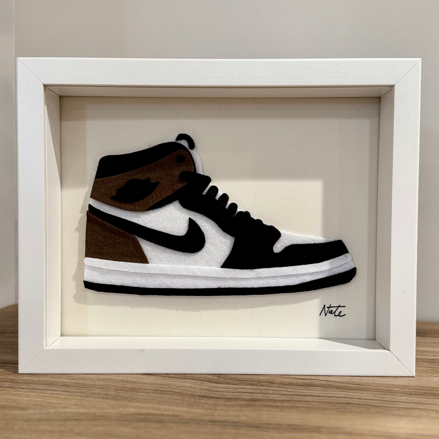 Handmade felt sneaker art in mocha high-top colorway, framed