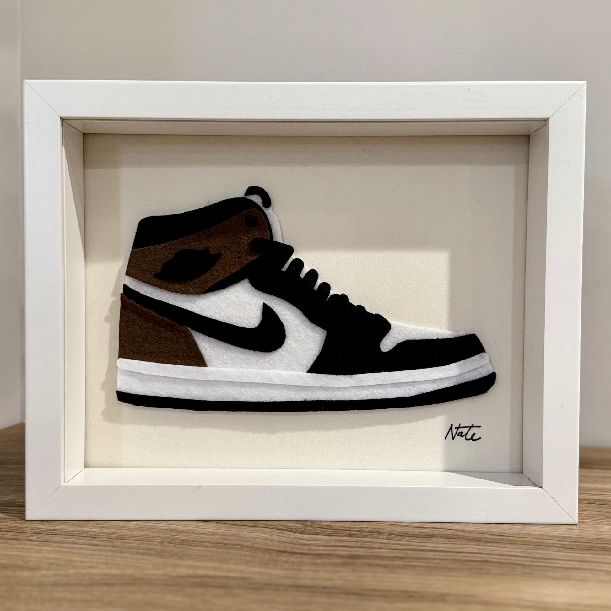 Handmade felt sneaker art in mocha high-top colorway, framed