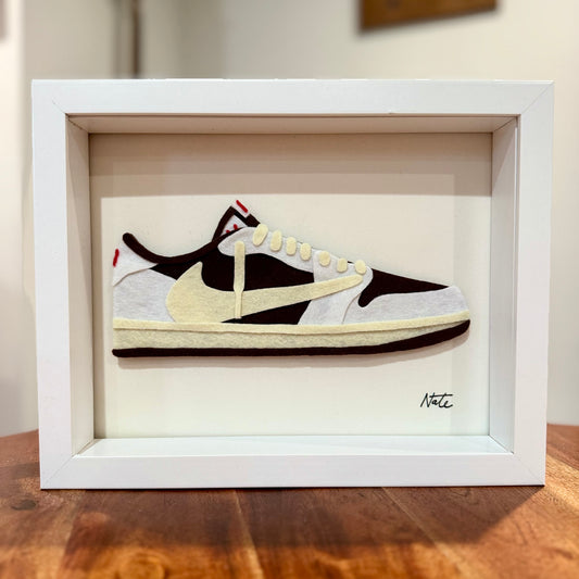 Handmade felt sneaker art in mocha low-top colorway, framed