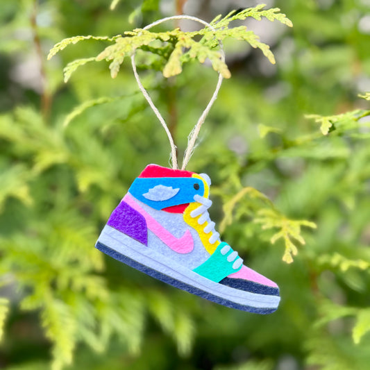Handmade felt sneaker ornament in multicolor high-top design