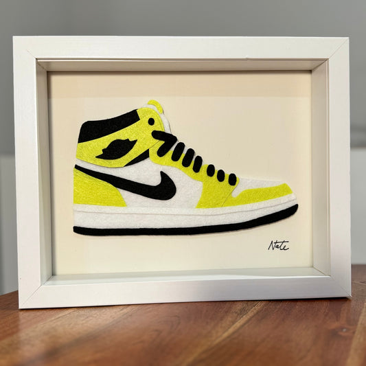 Handmade felt sneaker art in neon high-top colorway, framed