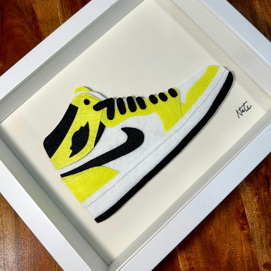 Handmade felt sneaker art in neon high-top colorway, framed