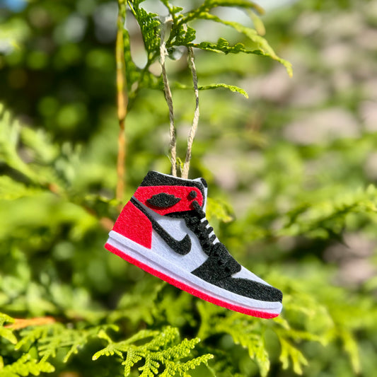 Handmade felt sneaker ornament in red and black high-top colorway