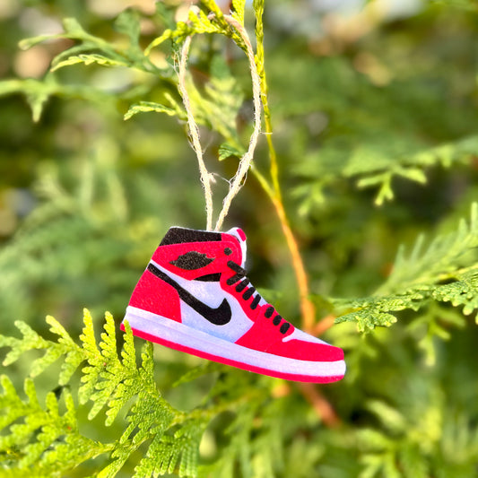 Handmade felt sneaker ornament in red high-top colorway