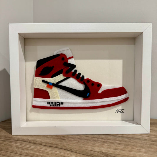 Handmade felt sneaker art in red high-top remix colorway, framed