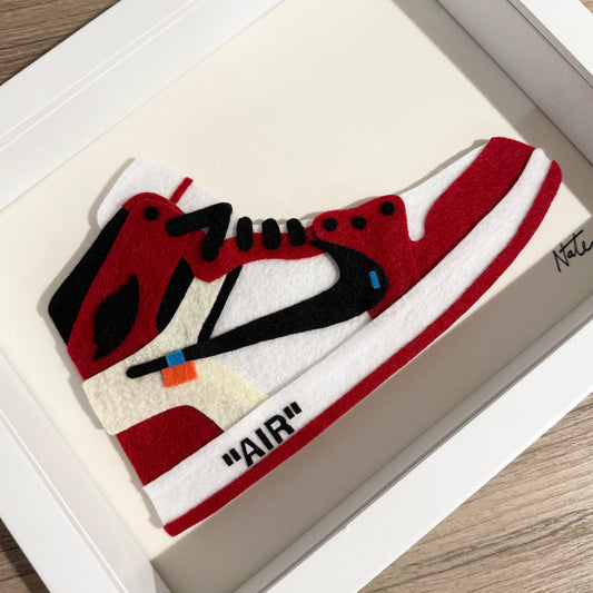 Handmade felt sneaker art in red high-top remix colorway, framed