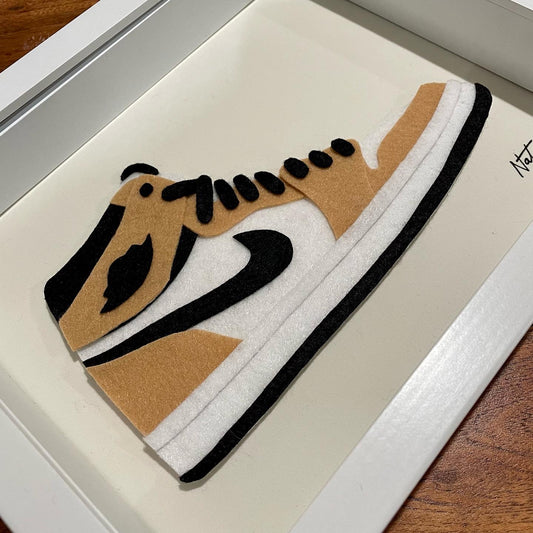 Handmade felt sneaker art in tan high-top colorway, framed